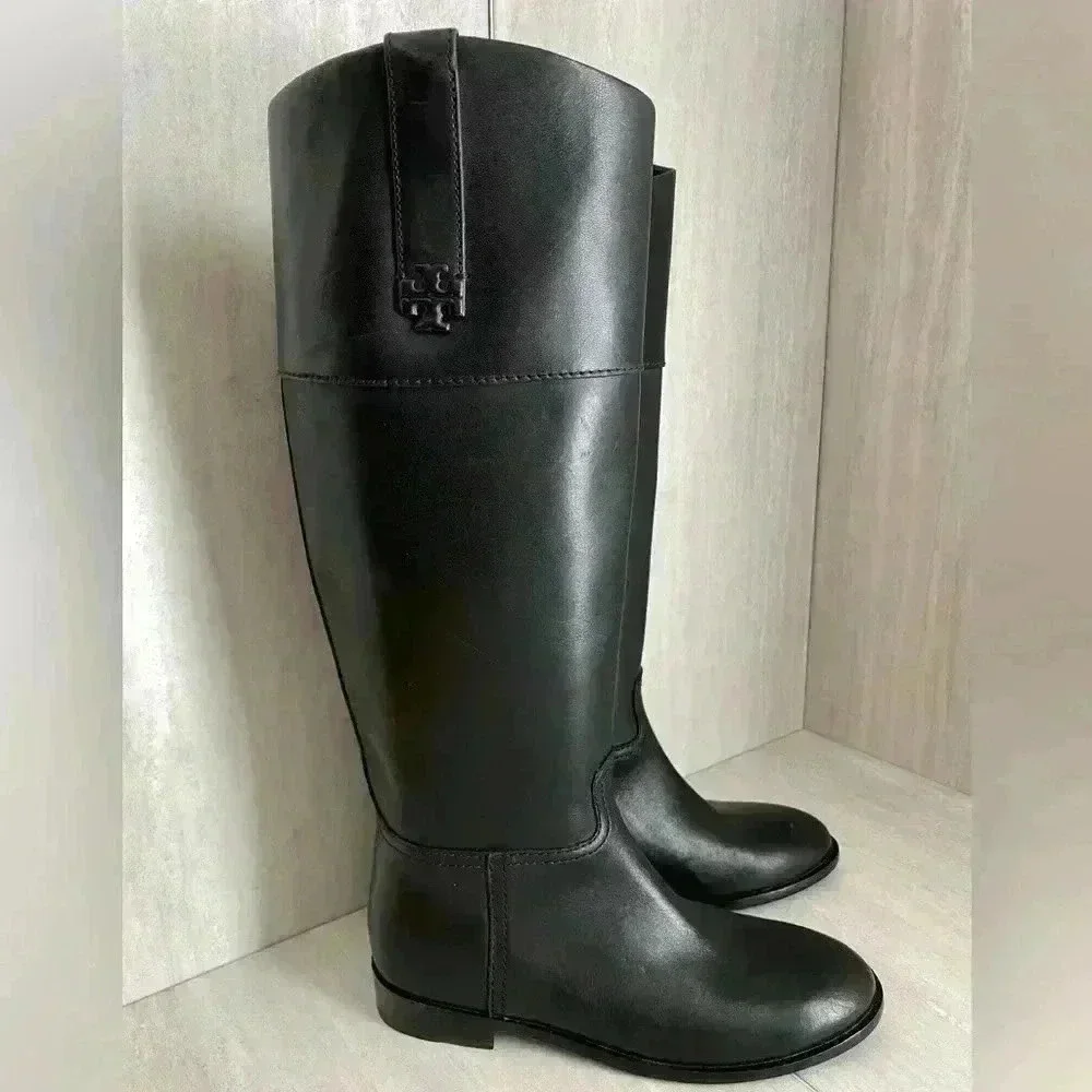NEW Tory Burch Double T Black Leather Riding Boot Women’s Size 6M